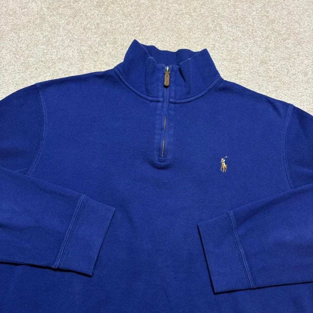 Polo Ralph Lauren Sweater Mens Large Blue Estate Rib 1/4 Zip Pullover Mock Neck
